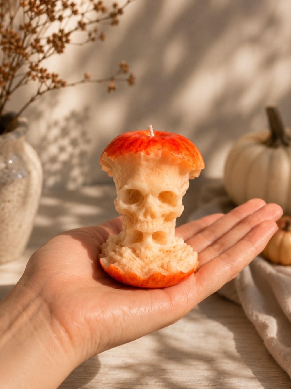 Handmade Halloween Skull Apple Candle | Spooky Fall Decor | Red or Yellow